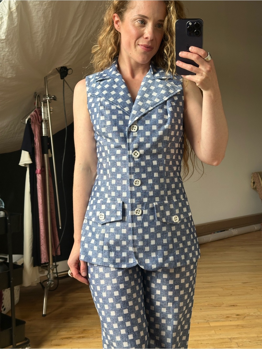 Blue and White Check Sleeveless Wide-Leg Set - Picture 3 of 9